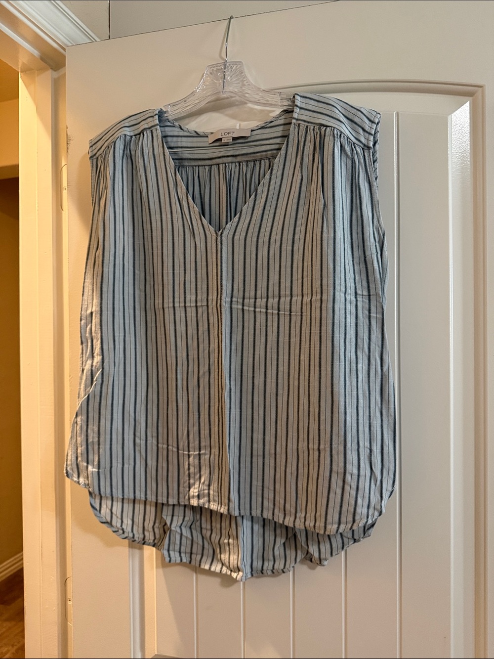 LOFT Light Blue and White Striped V-Neck Sleeveless Blouse
